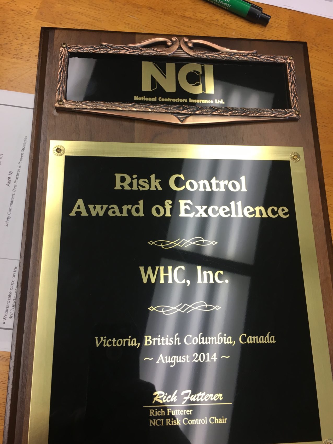 WHC Awarded 2014 NCI Excellence for Risk Control